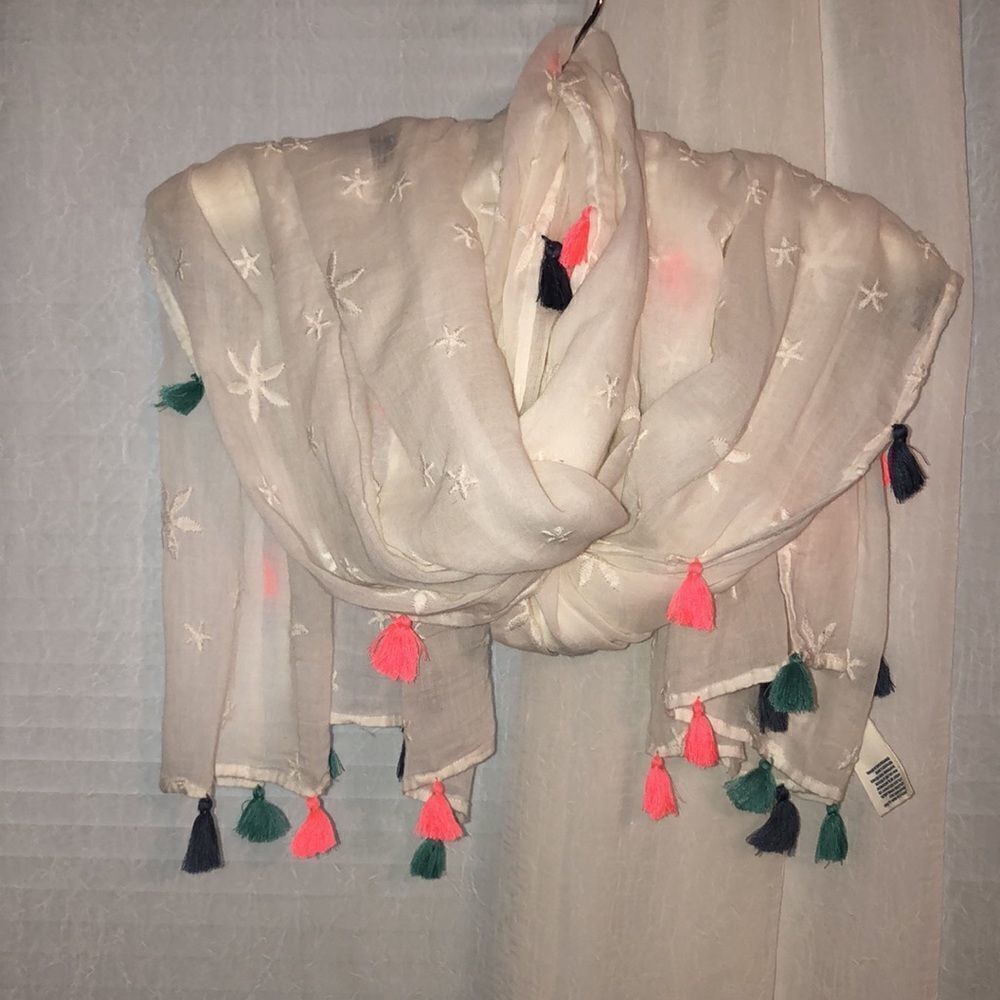 AE Ivory White Coral Indigo Teal Cotton Embroidered Decorative Tassel Trim Scarf